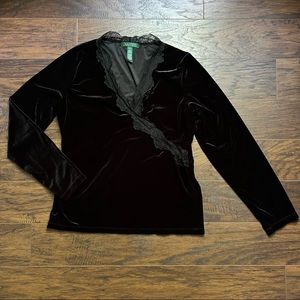 Lauren Ralph Lauren Black Velvet Lace Long Sleeve Blouse XL